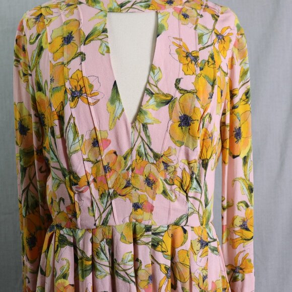 Free People Tegan Mini Dress 12 Pink Orange Floral Long Bell Sleeve V-Neck Pleat - Picture 6 of 16